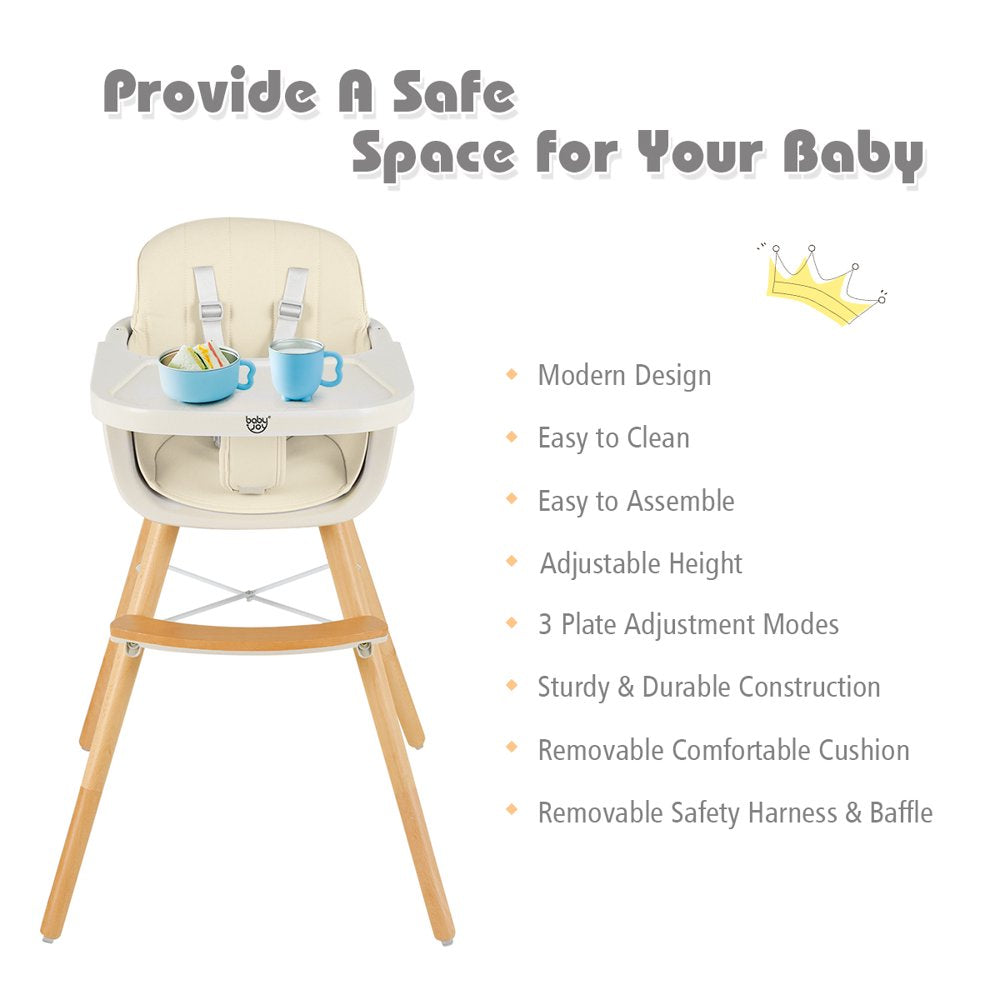 Babyjoy 3 in 1 Convertible Wooden High Chair Baby Toddler Highchair W/ Cushion Beige