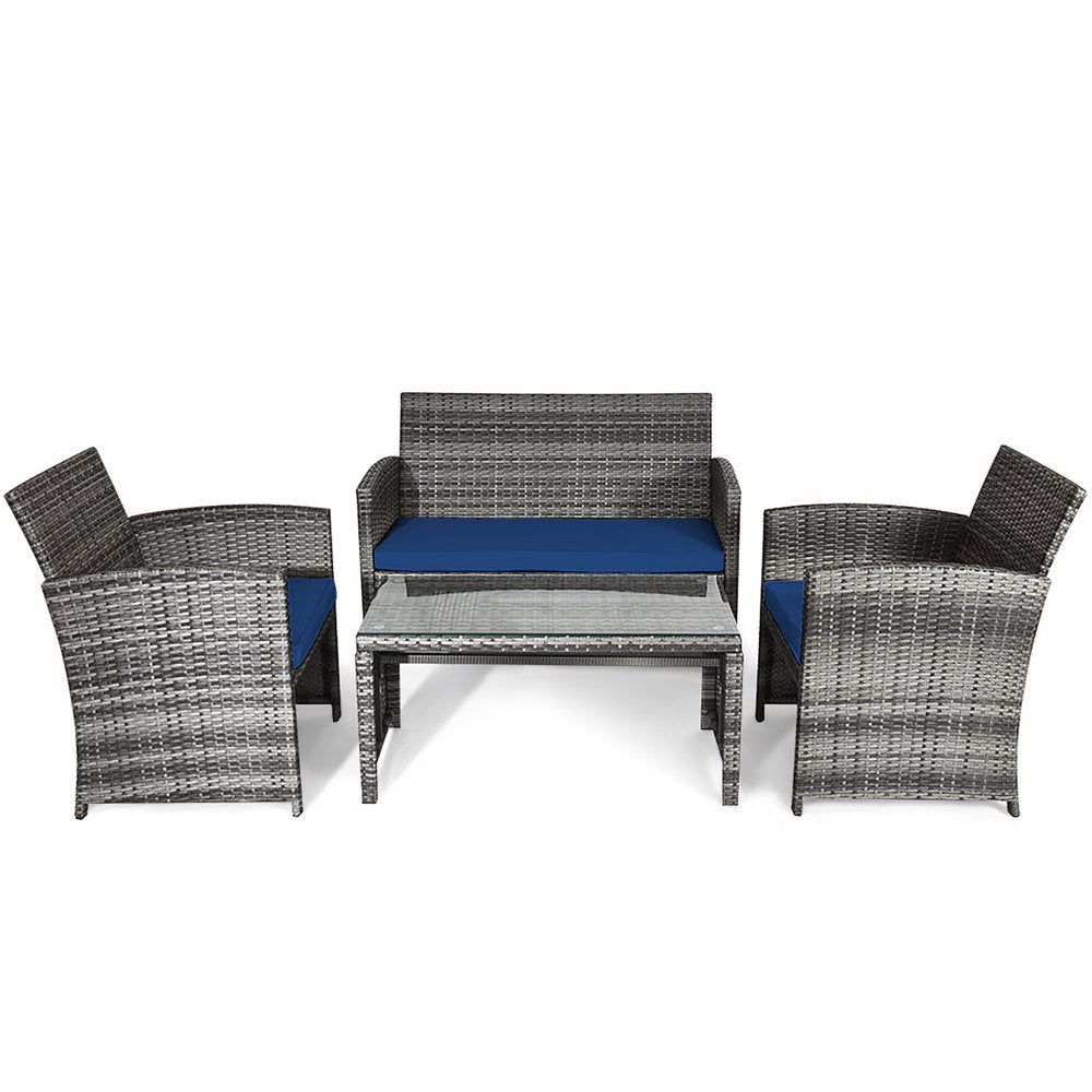 Costway 4PCS Patio Rattan Furniture Set Conversation Glass Table Top Sofa Cushioned Navy