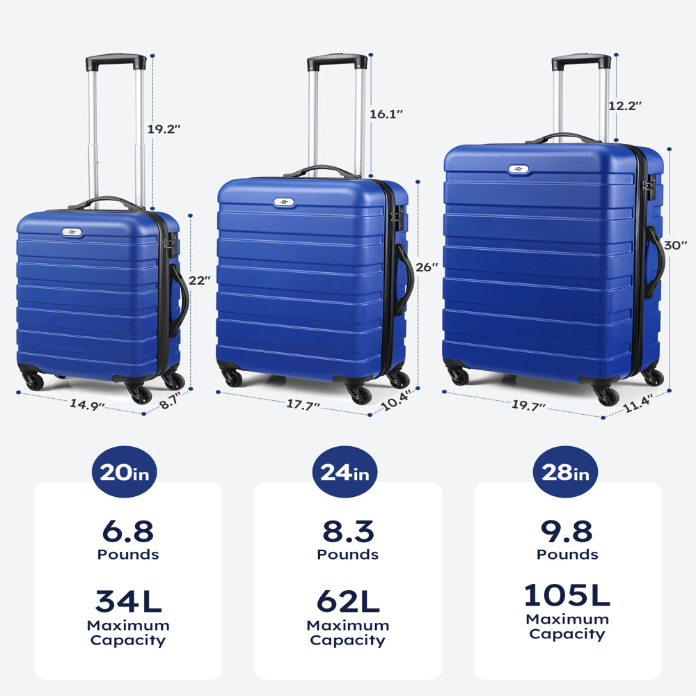 3 Piece Luggage Sets Hard Shell Suitcase Set with Spinner Wheels for Travel Trips Business 20" 24" 28", Navy Blue