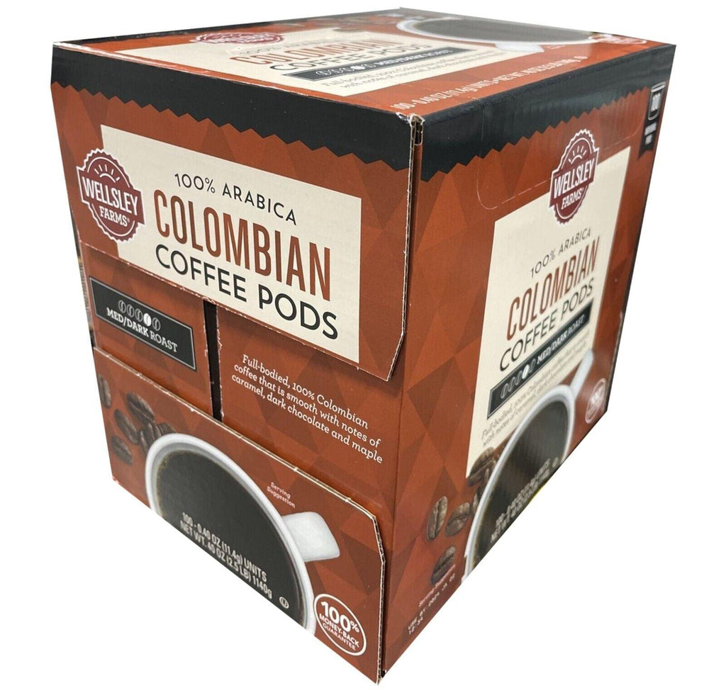 Wellsley Farms Colombian Coffe Pods 100% Arabia Medium/ Dark Roast 100Ct