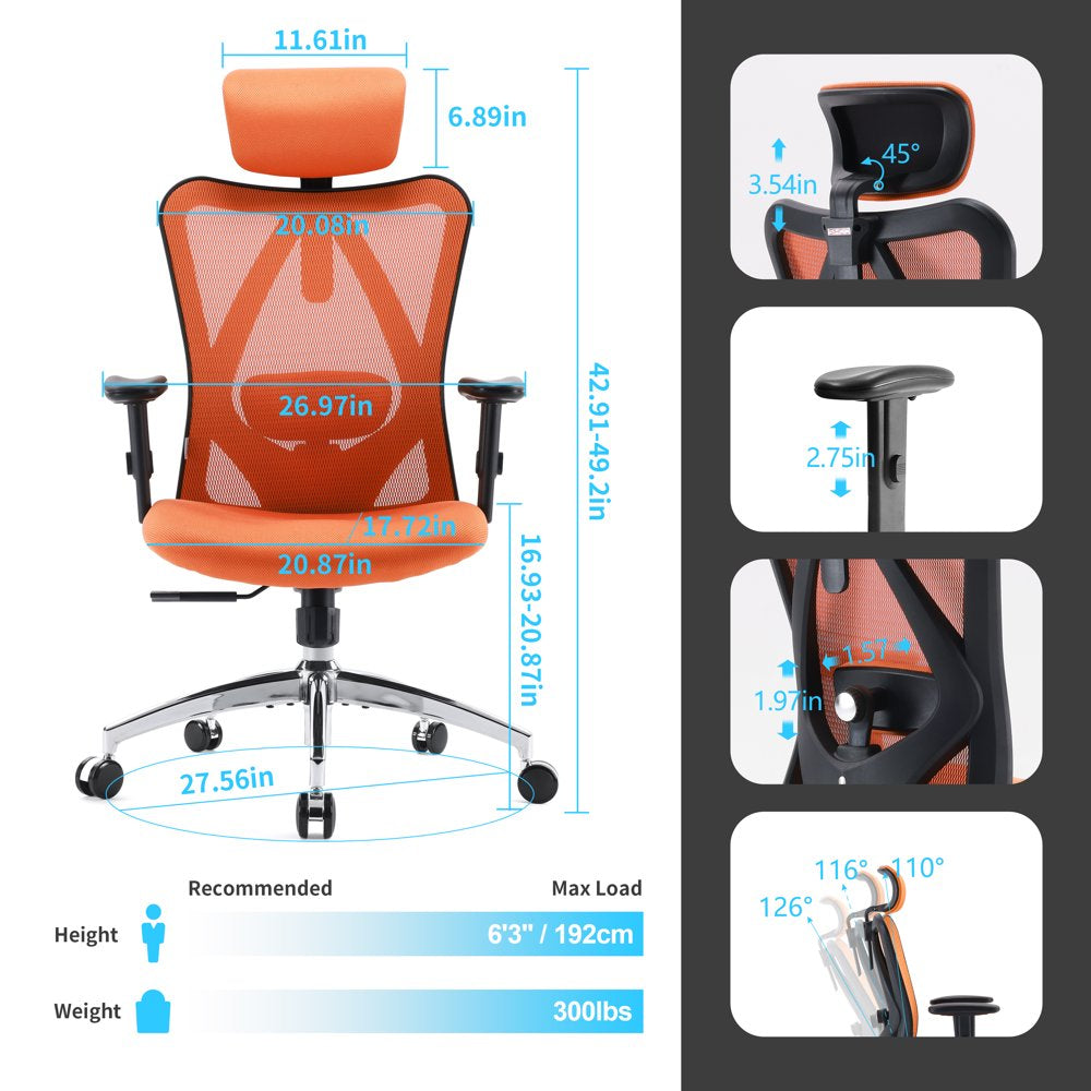 SIHOO Ergonomic High Back Office Chair, Adjustable Computer Desk Chair with Lumbar Support, 300Lb, Orange