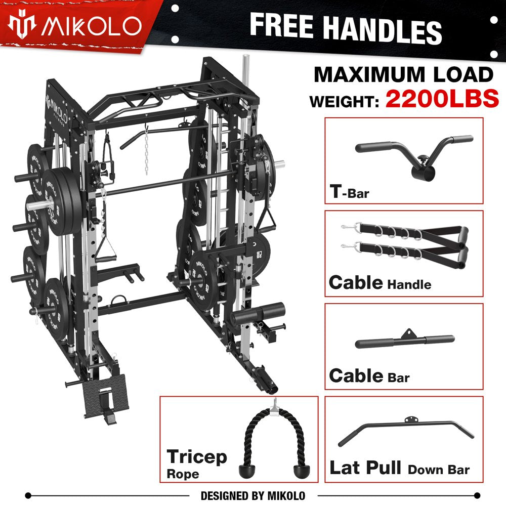 Mikolo Smith Machine Home Gym, 2200 Lbs Power Rack Cage with 800 Lbs Weight Bench and Cable Crossover System, Weight Bar, 360° Landmine, Home Gym