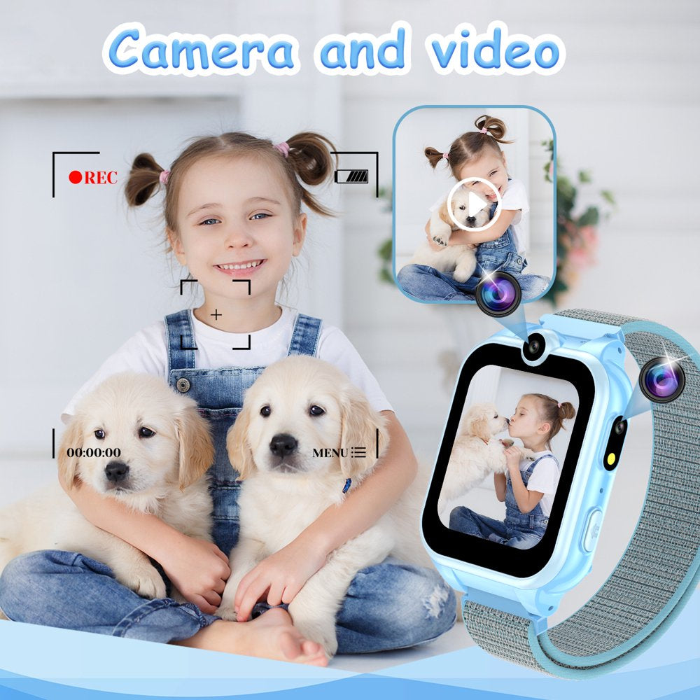 PTHTECHUS 1.54" Smart Watch for Boys Girls Smartwatch for Kids with Dual Camera Games Video MP3 Children Touch Screen Blue