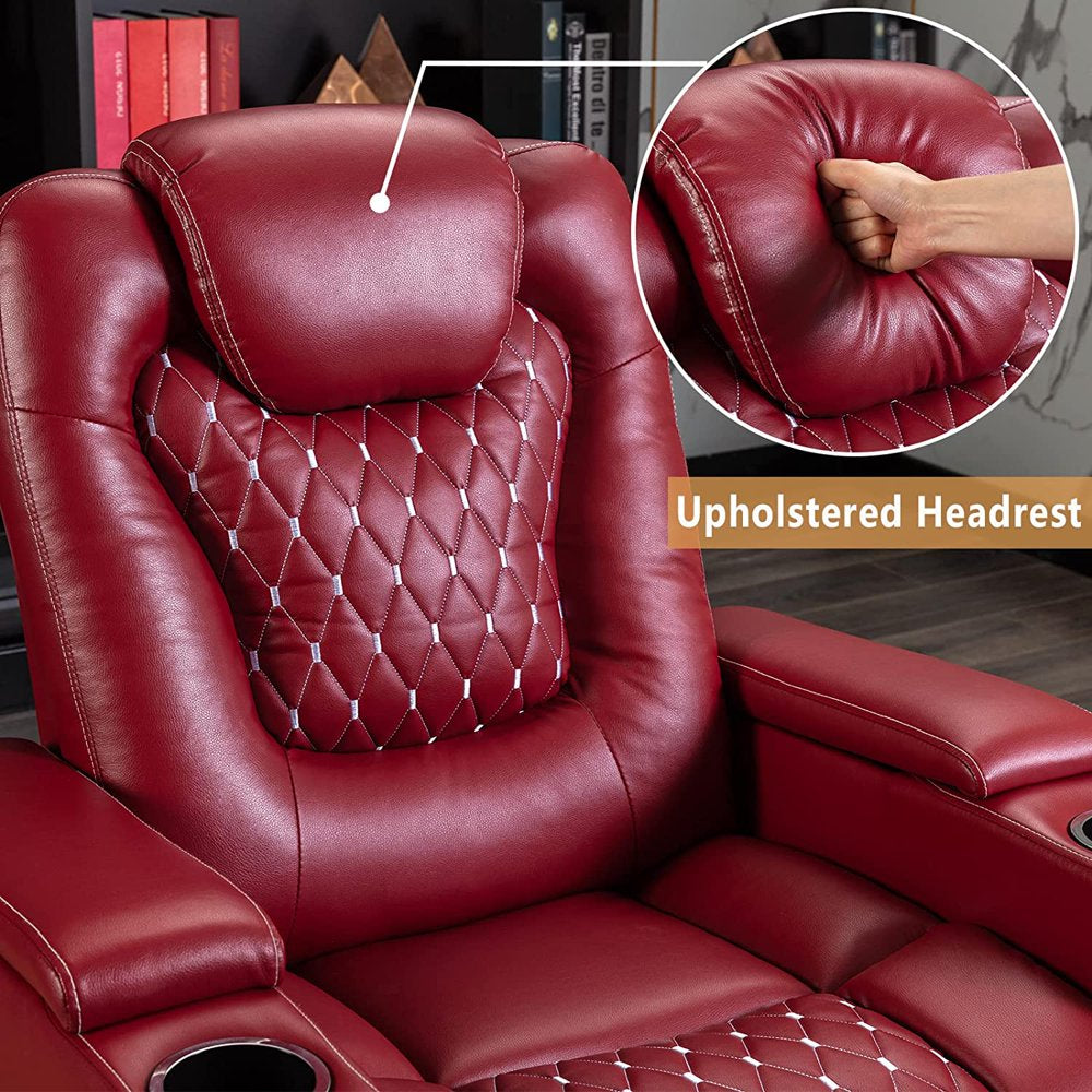 Bonzy Home Power Recliner Chair with USB Ports and Cup Holders - Overstuffed Electric Home Theater Seating PU Leather Reclining Furniture with Hidden Arm Storage (Red)