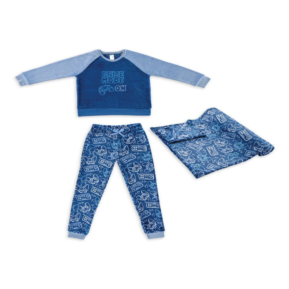 Modern Kids Boys Long Sleeve Pajama Set with Bonus Blanket, Sizes 4-14