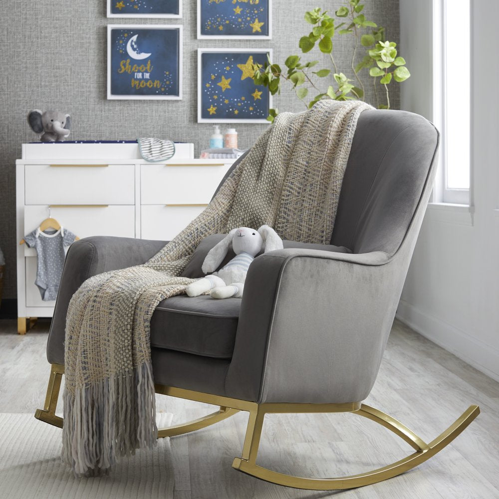 Modrn Glam Velvet Rocking Chair with Lumbar Pillow, Charcoal Grey/Satin Brass