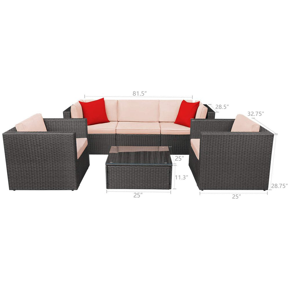 Lacoo 6 Pieces Outdoor Indoor Furniture Sectional Safa Modern Wicker Sets with Cushion All Weather Rattan Conversation Set with Glass Coffee Table and Armchairs for Patio Backyard Poolside Garden