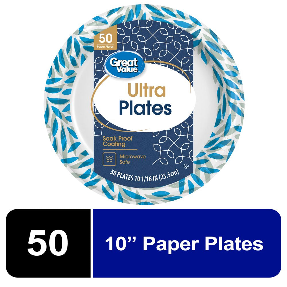 Great Value Ultra Disposable Paper Dinner Plates, White, 10 Inch, 50 Plates, Patterned