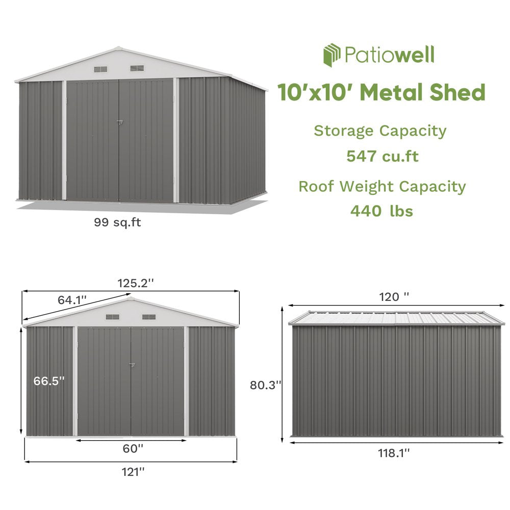 Patiowell Size Upgrade 10 X 10 Ft Outdoor Storage Metal Shed with Sloping Roof and Double Lockable Door, Gray