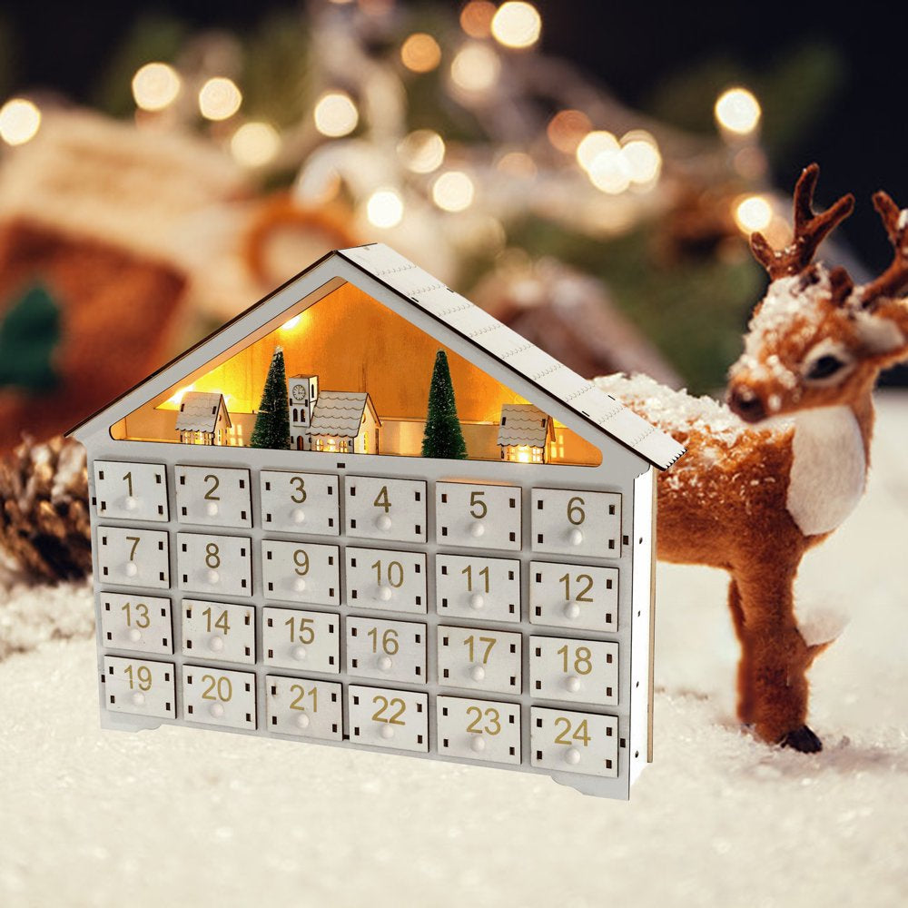 GROFRY Christmas Advent Calendar Built-In LED Light Fadeless Gifts Crafts Battery Powered 24 Day Countdown Drawer Home Decoration Xmas Decor House Shape Wood Desktop Calendar Party Favor