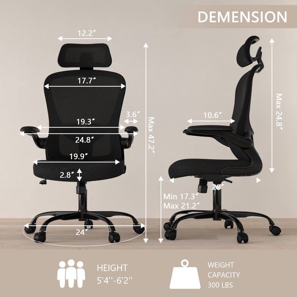 Lioncin Office Chair, High Back Ergonomic Desk Chair, Breathable Mesh Desk Chair with Adjustable Lumbar Support and Headrest, Swivel Task Chair with Flip-Up Armrests,Black