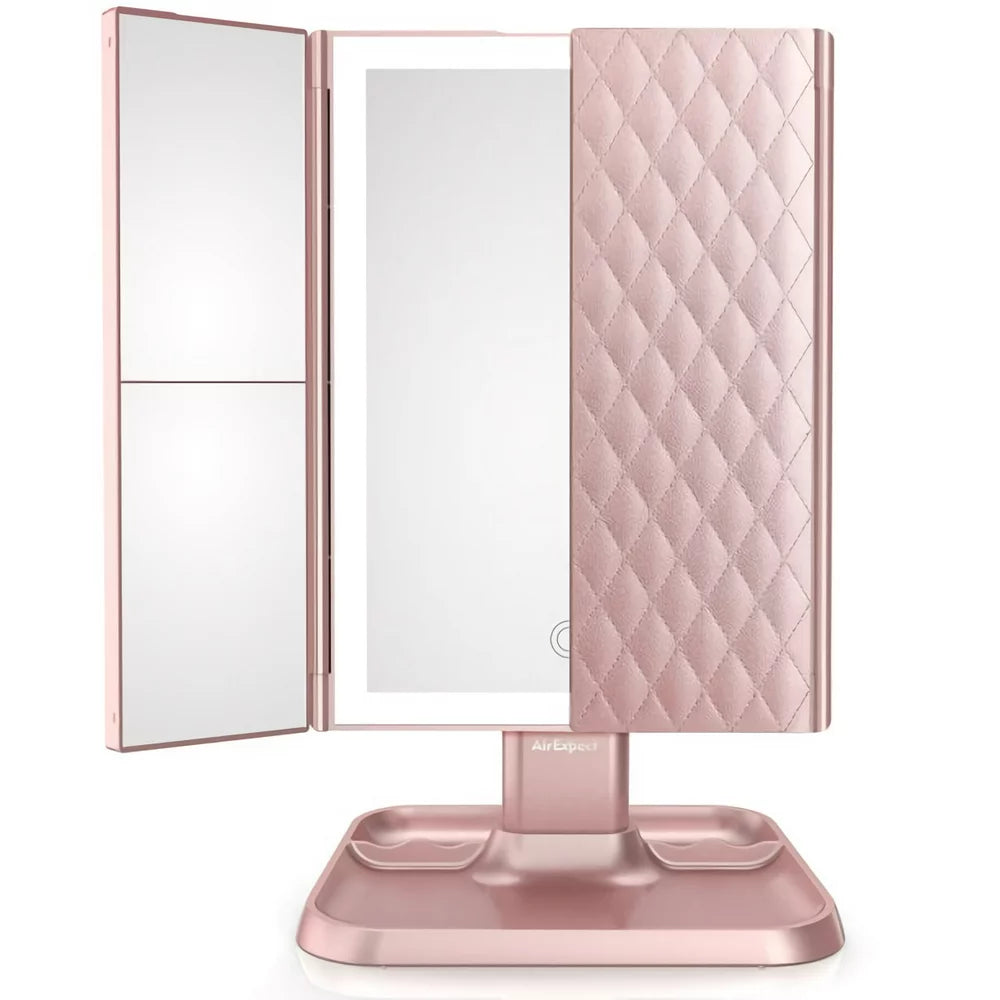 Airexpect Makeup Mirror Vanity Mirror with 1 X 2 X 3 X Magnification Vanity Mirror with 72 Leds Touch Control Dual Power Supply Portable Cosmetic Mirror, Women Gift, Pink