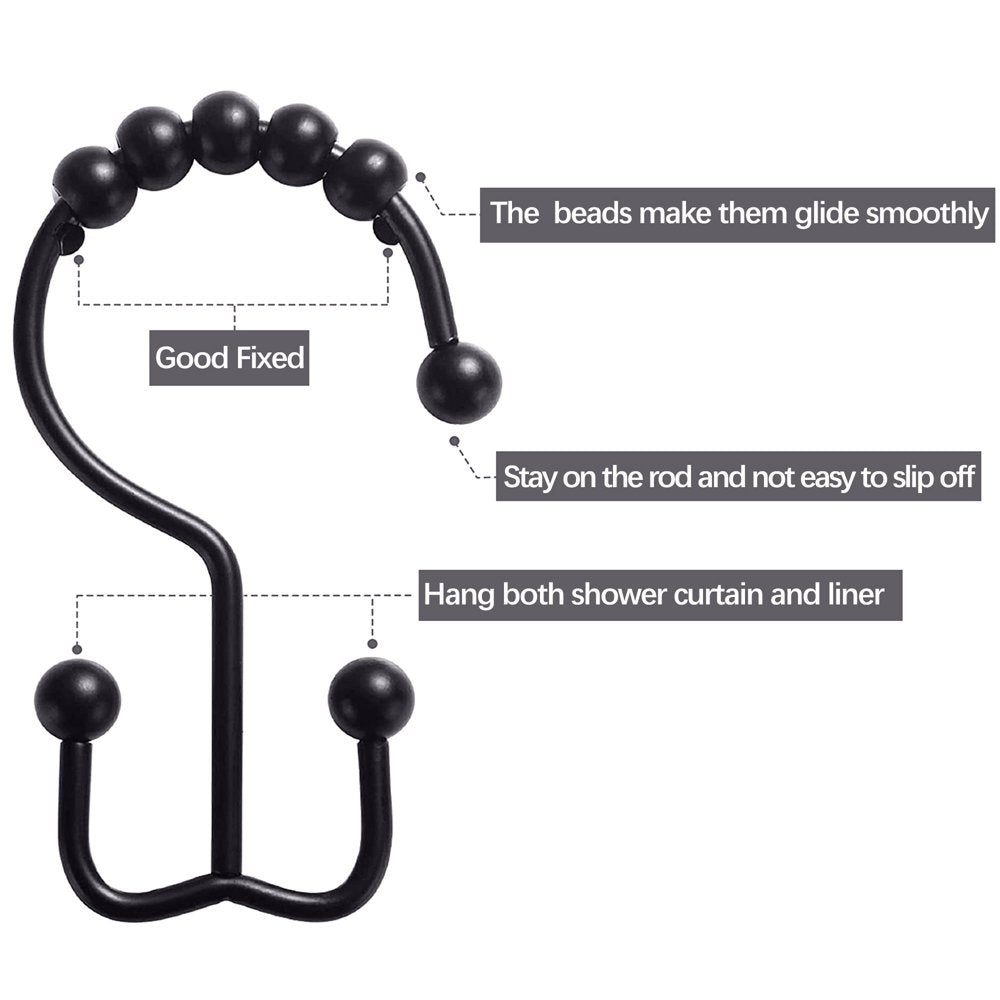 Siaomo Shower Curtain Rings Hooks, Premium Stainless Steel, Rustproof, Easy Glide, for Bathroom Shower Rods Curtains - Double Hooks-Set of 12, Black