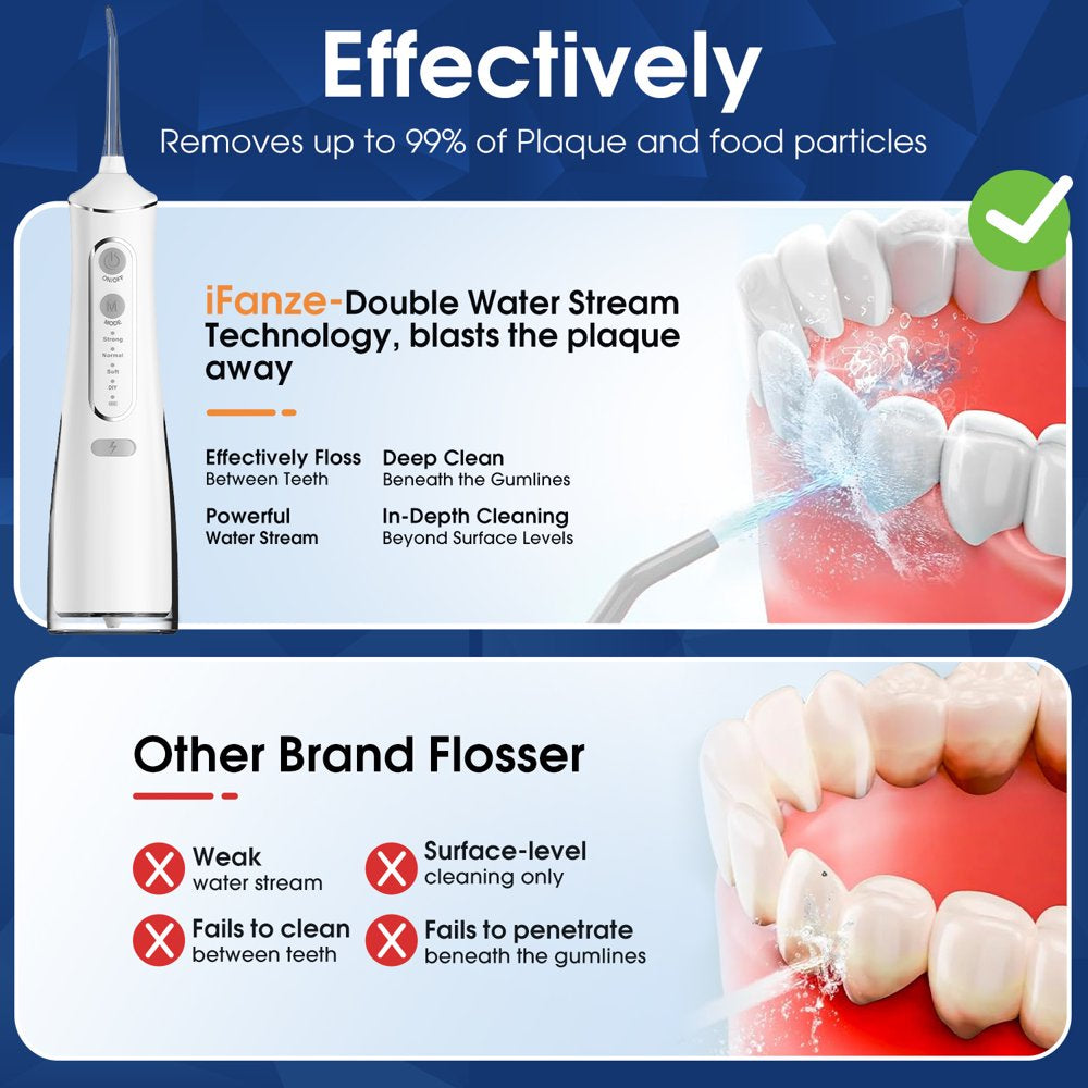 Ifanze Cordless Water Flosser, Rechargeable Oral Irrigator with 4 Cleaning Modes & 4 Nozzles, Portable Dental Oral Flosser for Travel Home Office, White