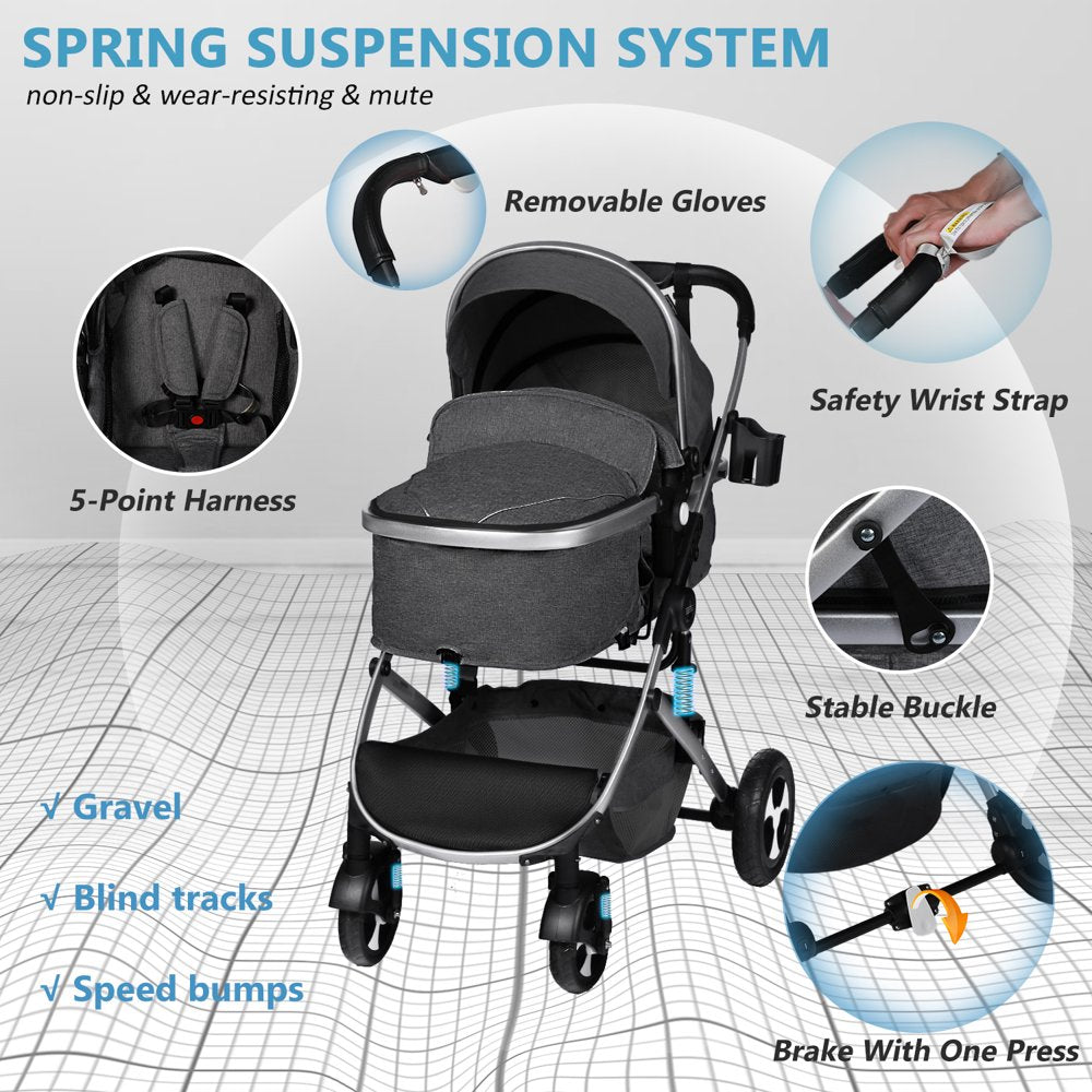 Kinder King 2 in 1 Convertible Baby Stroller, Folding Infant Newborn Reversible Bassinet Pram, Dark Grey