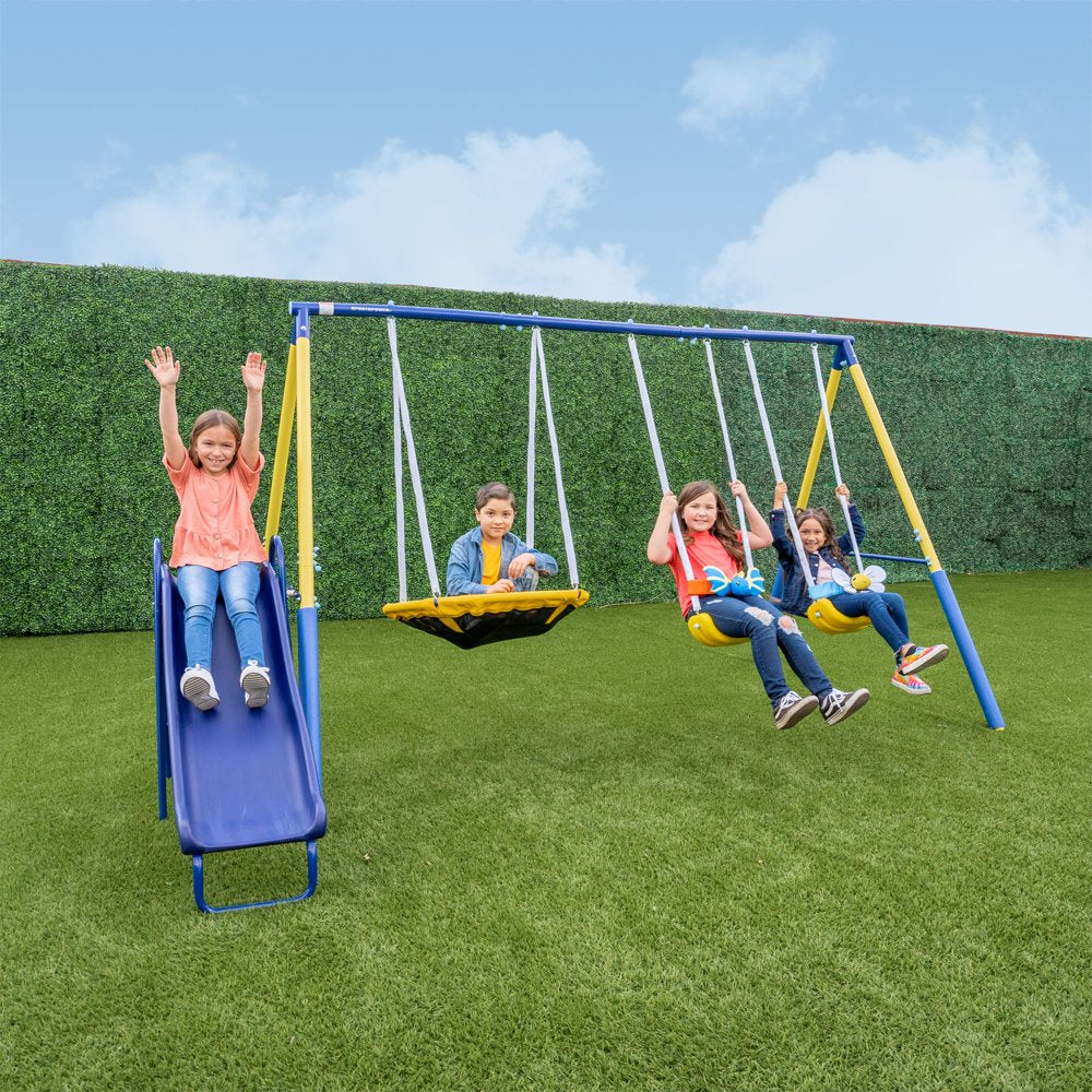 Sportspower Super Flyer Swing Set with 2 Flying Buddies, Saucer Swing, 2 Swings, and Lifetime Warranty on Blow Molded Slide