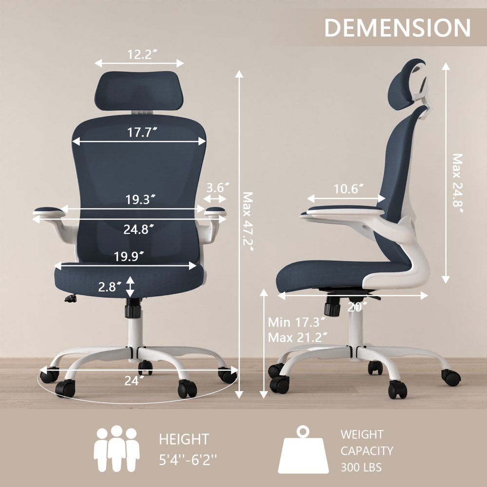 Lioncin Office Chair, High Back Ergonomic Desk Chair, Breathable Mesh Desk Chair with Adjustable Lumbar Support and Headrest, Swivel Task Chair with Flip-Up Armrests,Dark Gray