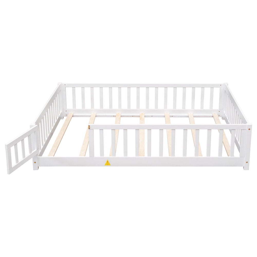 Uhomepro Full Size Wood Floor Bed Frame with Fence and Door for Kids, Toddlers, White