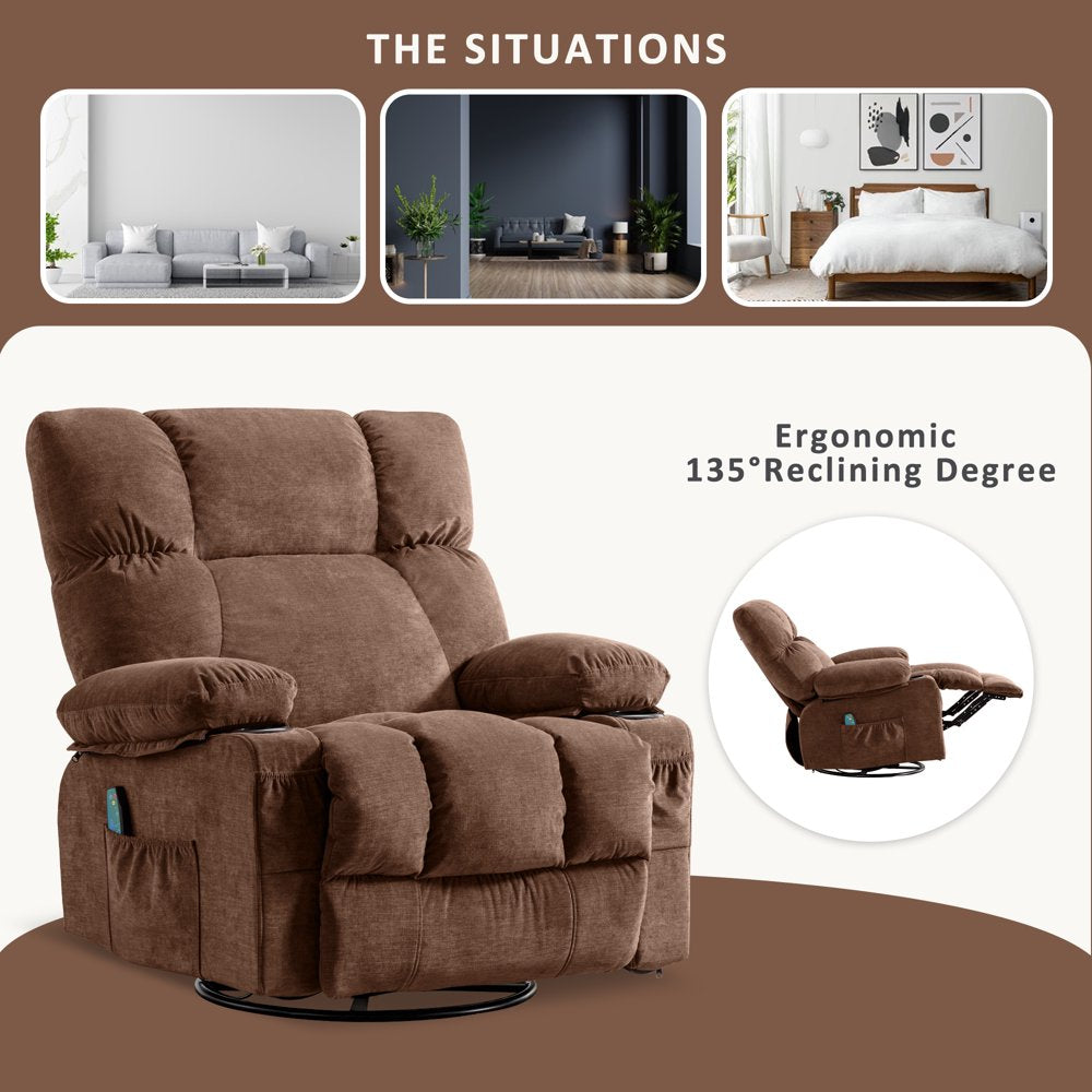 JONPONY Massage Rocker Recliner Chair with Vibration Massage and Heat Ergonomic Lounge Chair for Living Room with Rocking Function and Side Pocket, 2 Cup Holders, USB Charge Port,Brown