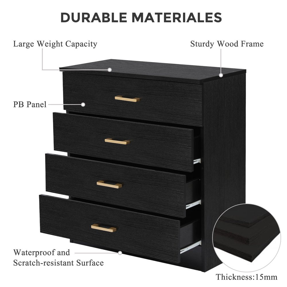 Dressers for Bedroom, Heavy Duty 4-Drawer Wood Chest of Drawers, Modern Storage Bedroom Chest for Kids Room, Black Vertical Storage Cabinet for Bathroom, Closet, Entryway, Hallway, Nursery, L2027