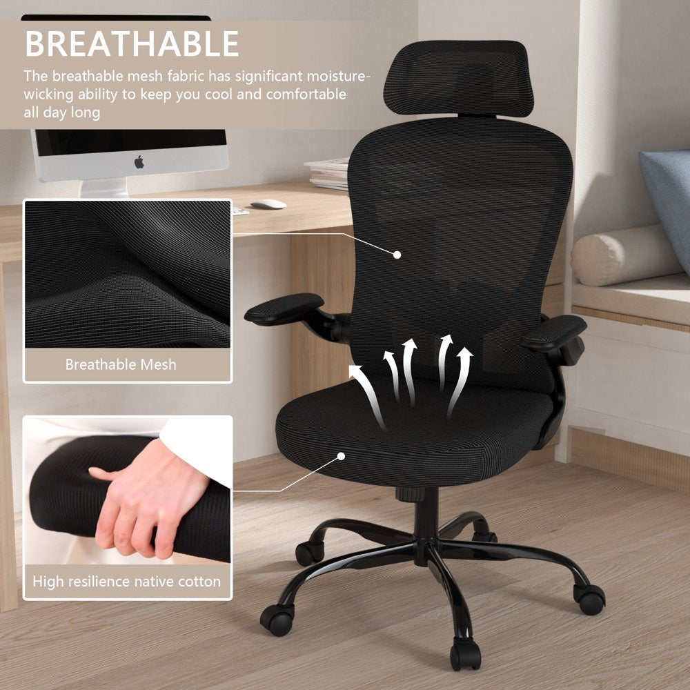 Lioncin Office Chair, High Back Ergonomic Desk Chair, Breathable Mesh Desk Chair with Adjustable Lumbar Support and Headrest, Swivel Task Chair with Flip-Up Armrests,Black