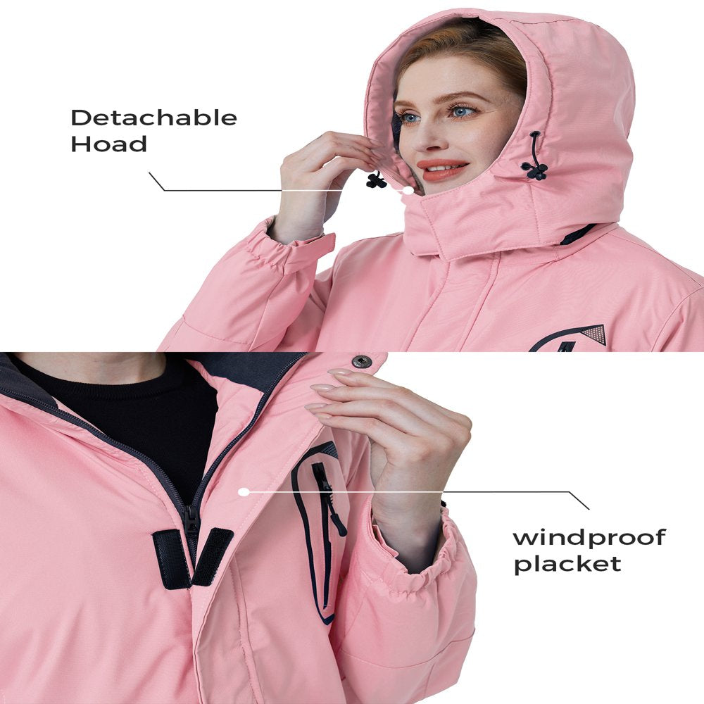 Skieer Women'S Waterproof Ski Jacket Windproof Rain Jacket Winter Warm Hooded Coat Pink X-Large