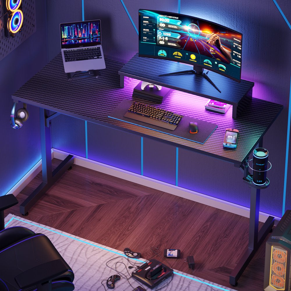 Bestier 42" Gaming Desk PC Computer Office Table Desk with LED Lights & Monitor Stand & Headphone Hook & Cup Holder in Carbon Fiber Black