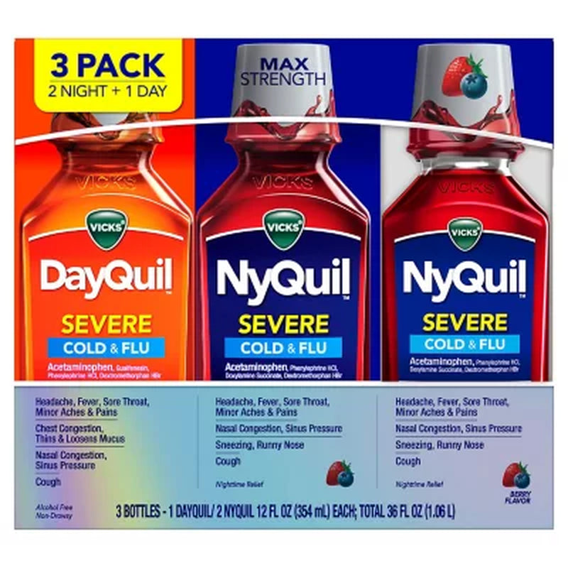 Vicks Dayquil and Nyquil SEVERE Cold & Flu Relief Liquid, Berry Flavor (3 Pk., 12 Fl.Oz./Bottle)