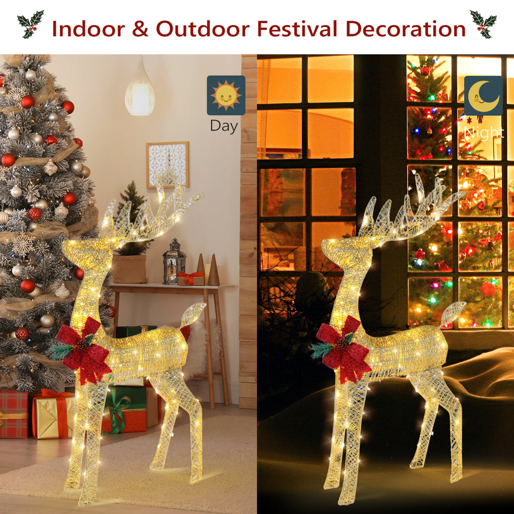 Ktaxon 4Ft Lighted Christmas Glittering Reindeer with Red Bow, Outdoor Holiday Mesh Standing Buck Deer Decorations- Gold