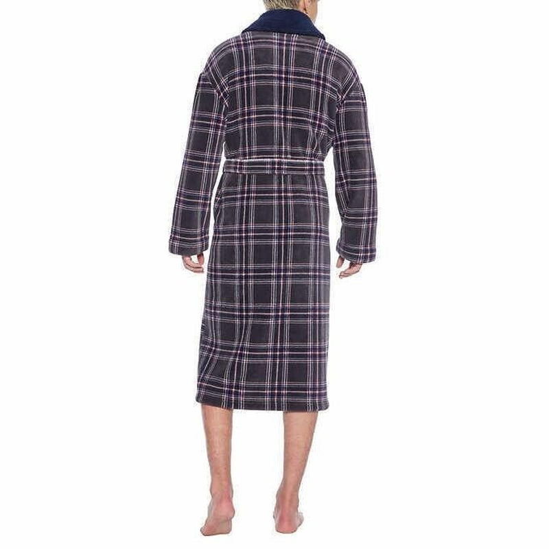 Majestic Mens Robe Gray Multicolor Plaid Faux Shearling Pockets Heavyweight -New