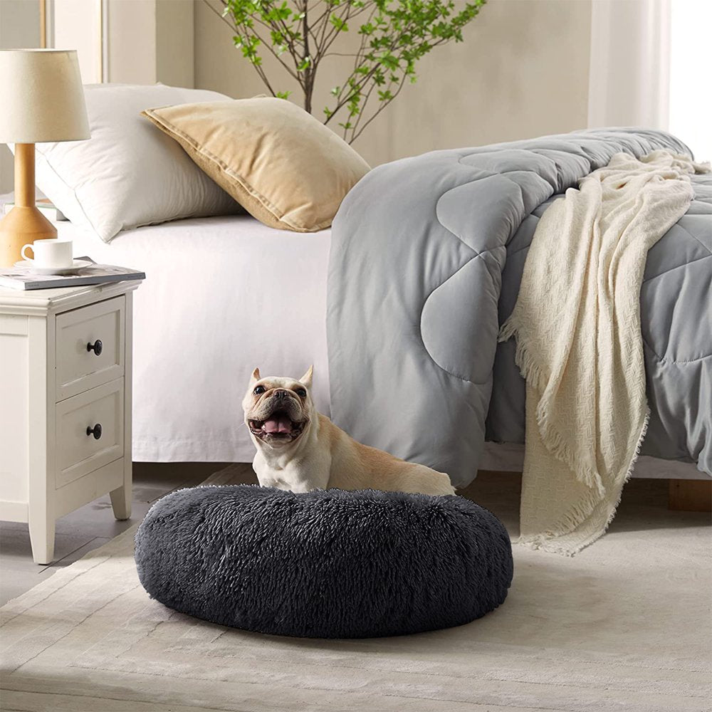 Nisrada Calming Donut Pet Bed for Dogs & Cats,24 Inch Dog Bed for Small Melium Large Dogs, Washable-Round Pet Bed for Puppy and Kitten with Slip-Resistant Bottom (24 Inch, Dark Gray)