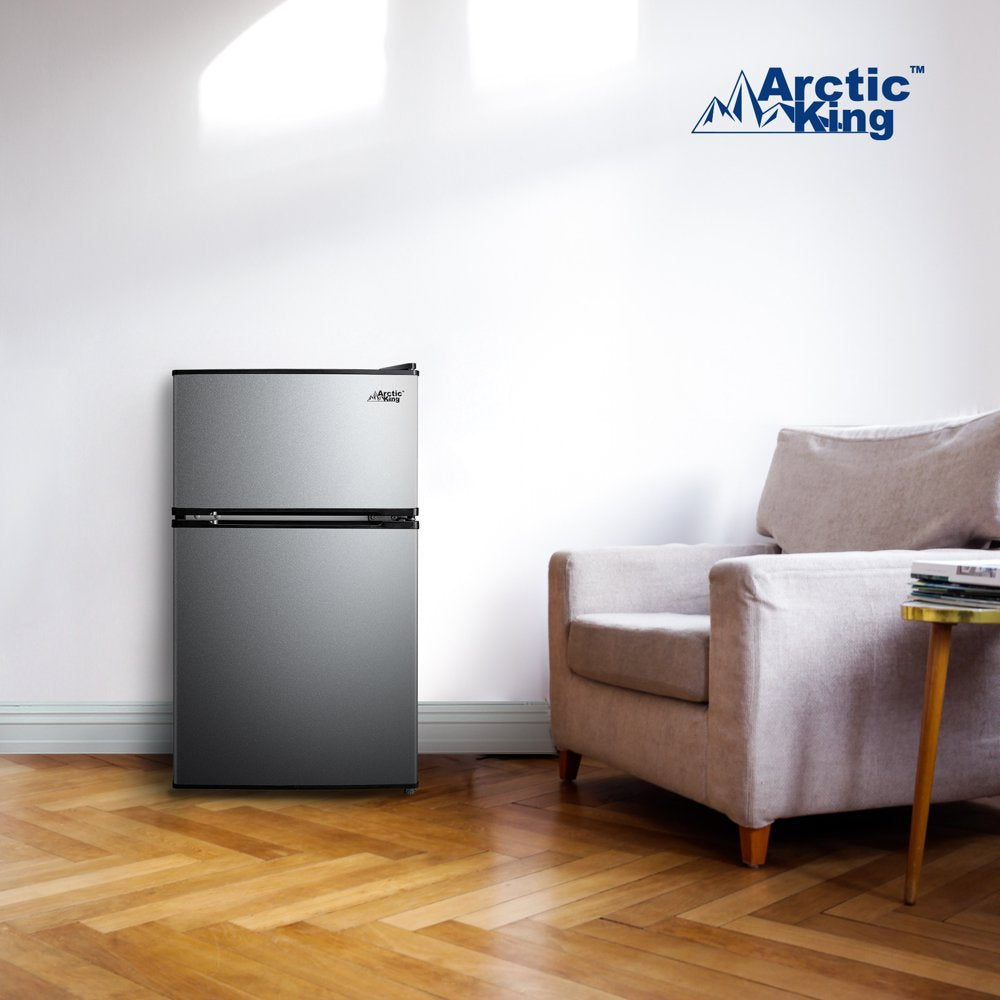 Arctic King 3.2 Cu Ft Two Door Mini Fridge with Freezer, Stainless Steel, E-Star, ARM32D5ASL