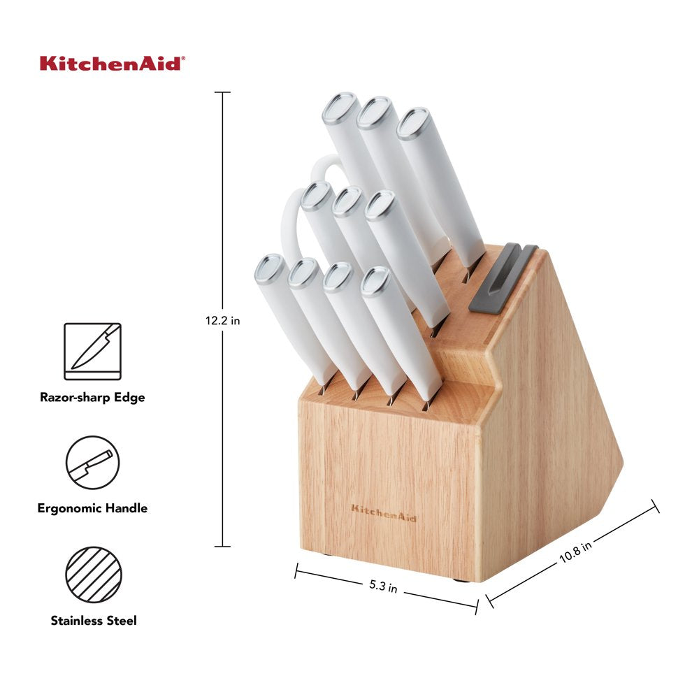 Kitchenaid Classic Japanese Steel 12-Piece Knife Block Set with Built-In Knife Sharpener, White