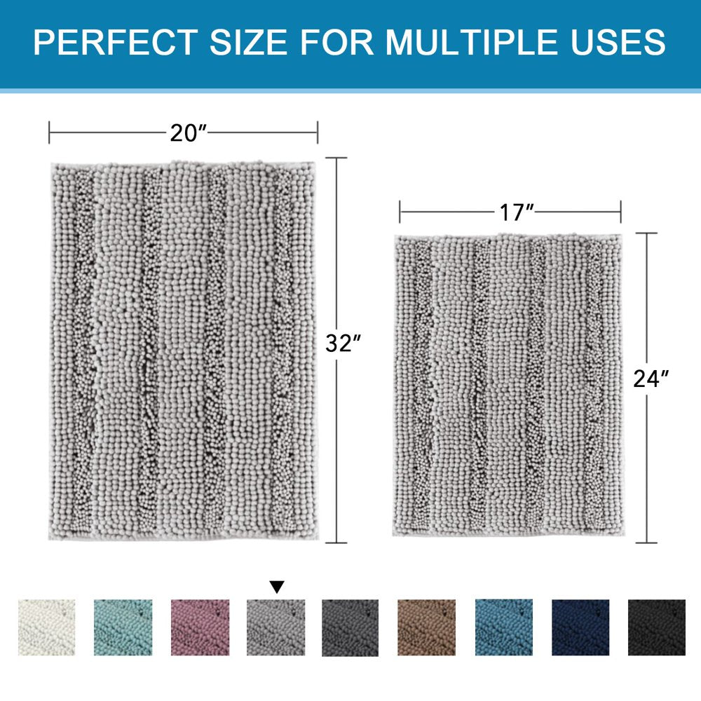 Shaggy Chenille Bathroom Rug, Non Slip Thick, Soft Bath Mats for Bathroom Extra Absorbent Floor Mats Bath Rugs Set for Kitchen/Living Room (Set of 2, 20" X 32"/17" X 24", Dove)