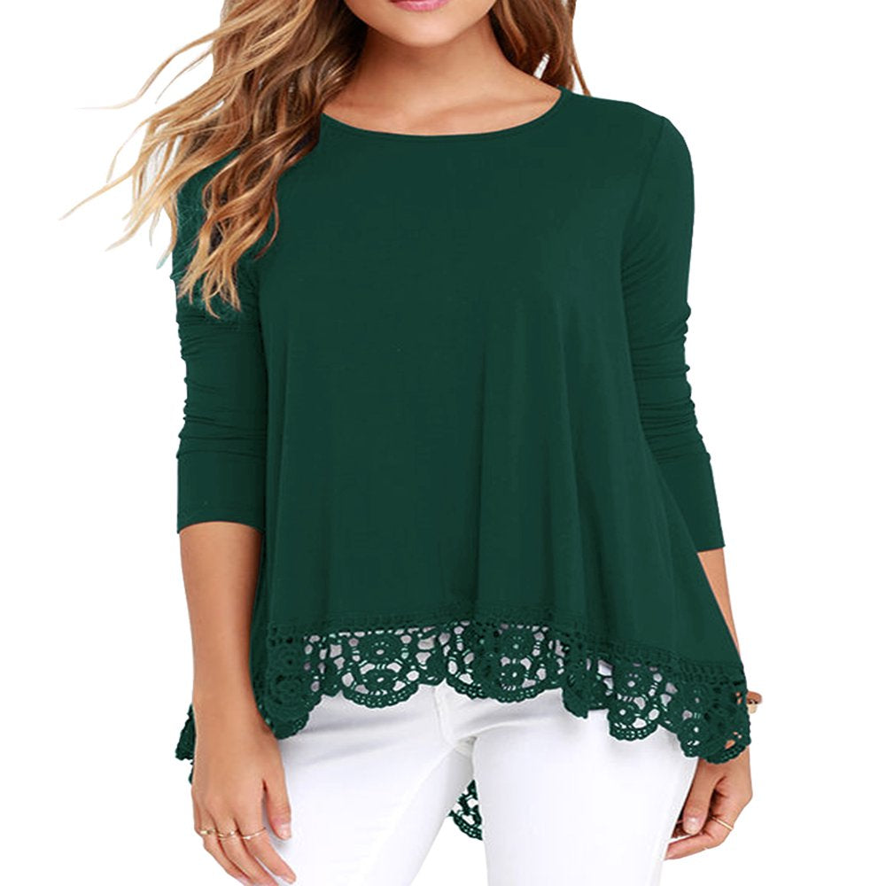 JWD Women'S Tops Long Sleeve Lace Trim O-Neck a Line Tunic Blouse Dark Green-Large