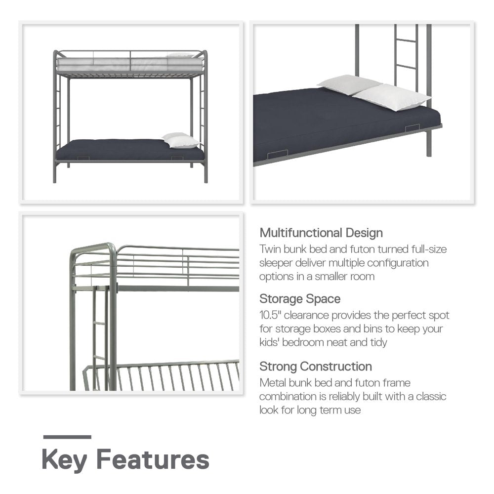 DHP Sammie Twin over Futon Metal Bunk Bed, Silver