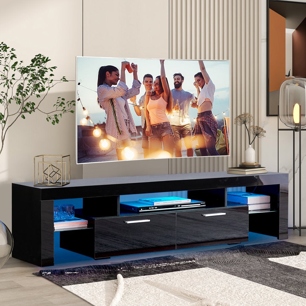 Uhomepro TV Stand for Tvs up to 70", Living Room Entertainment Center with RGB LED Lights and Storage Shelves Furniture, Black High Gloss TV Cabinet Console Table, Quick Assemble