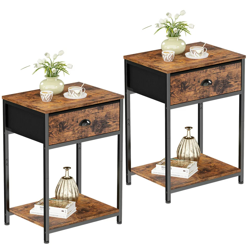 Furologee Nightstands Set of 2, Industrial End Table with Fabric Drawer & Storage Shelf, Retro Bedside Tables Organizer, Sturdy Side Table for Living Room, Bedroom