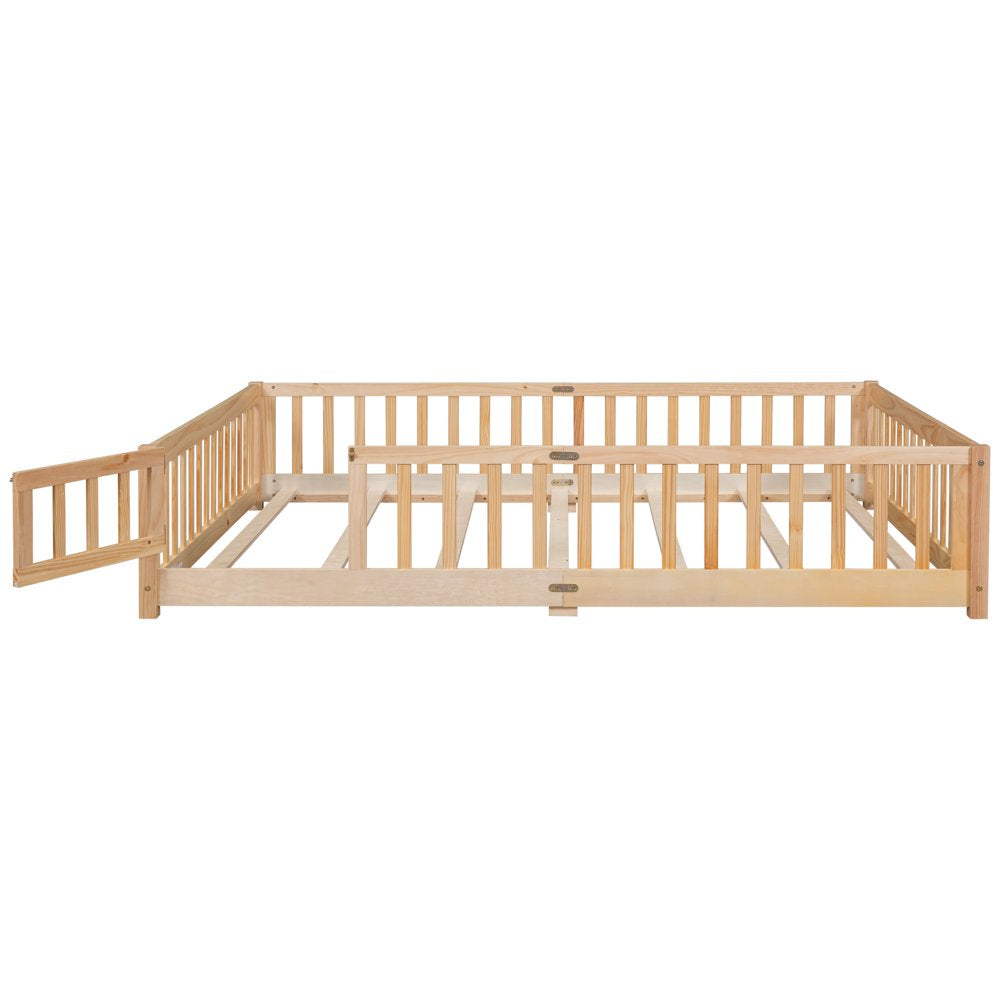 Uhomepro Queen Size Wood Floor Bed Frame with Fence and Door for Kids, Toddlers, Natural