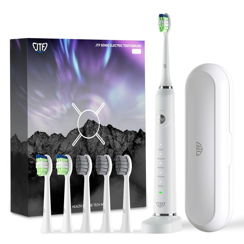 JTF Sonic Rechargeable Electric Toothbrush for Adults, Power Toothbrush with Smart Timer & 5 Modes, White