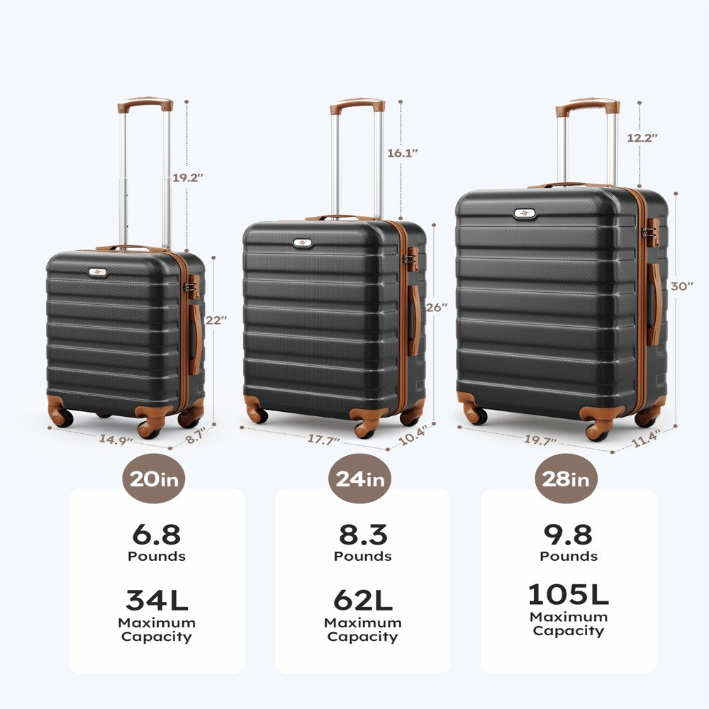 3 Piece Luggage Sets Hard Shell Suitcase Set with Spinner Wheels for Travel Trips Business 20" 24" 28", Black-Brown