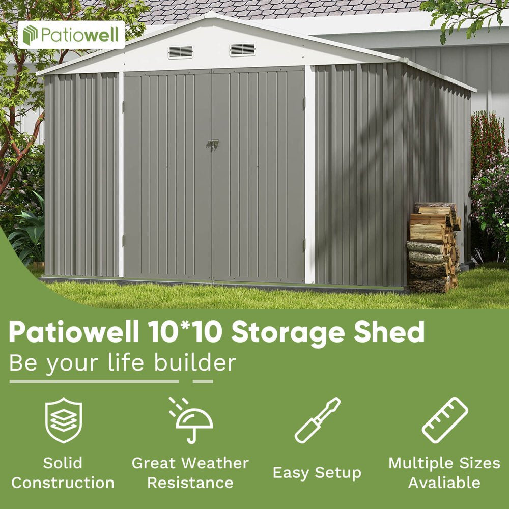 Patiowell Size Upgrade 10 X 10 Ft Outdoor Storage Metal Shed with Sloping Roof and Double Lockable Door, Gray