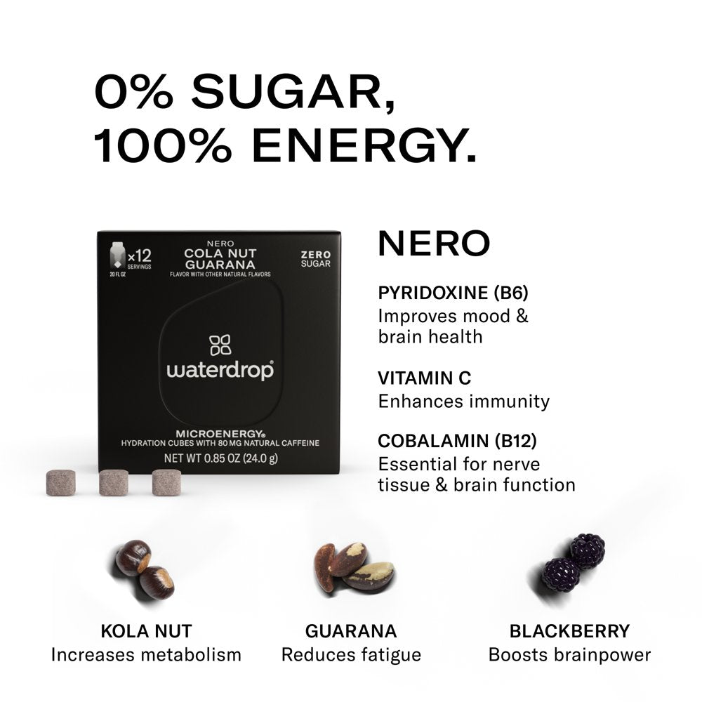 Waterdrop Microenergy Nero, Sugar-Free Instant Energy Drink, Hydration Packets, Blackberry, 12 Pack