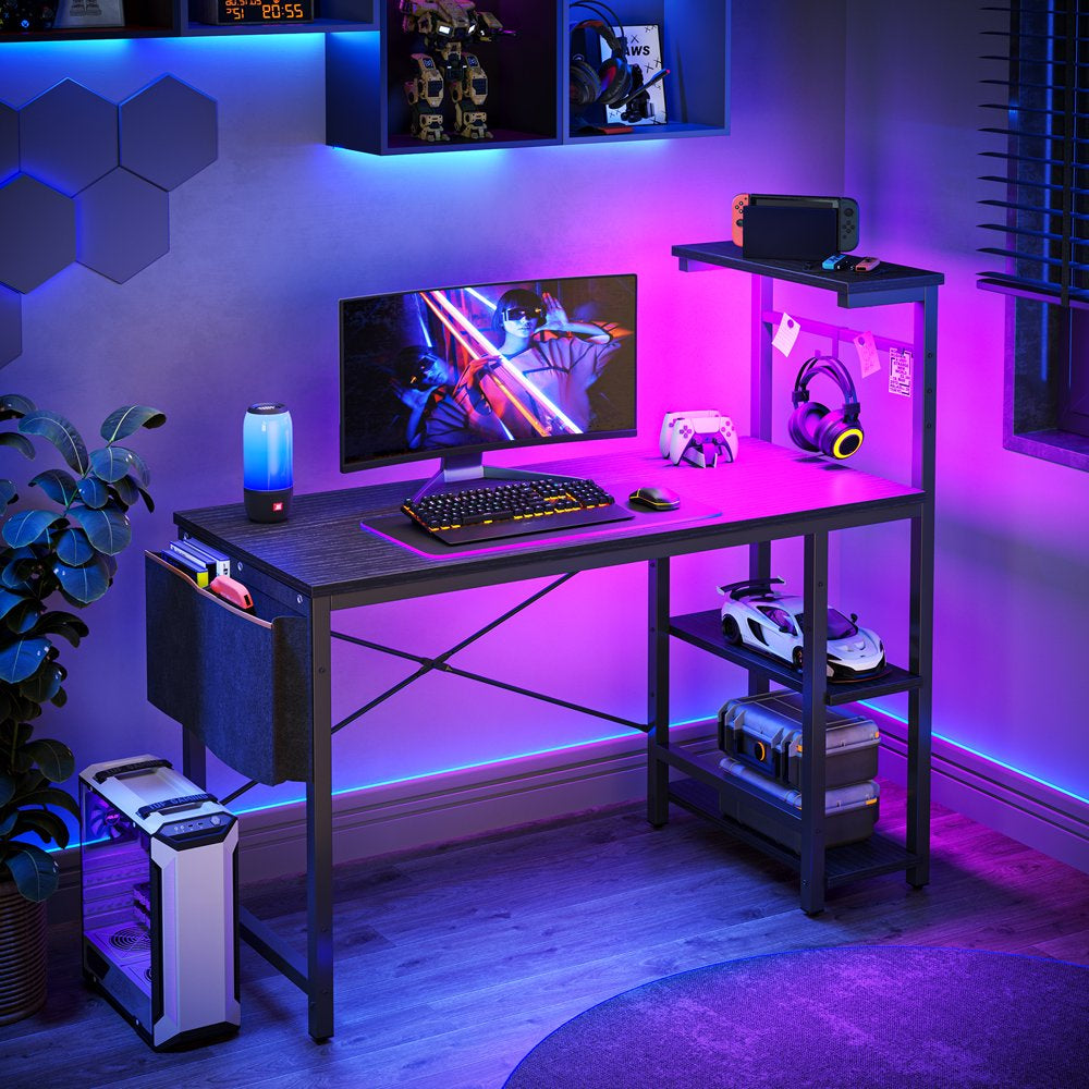 Bestier Reversible 44 Inch Computer Desk with LED Lights Gaming Desk with 4 Tier Shelves Black