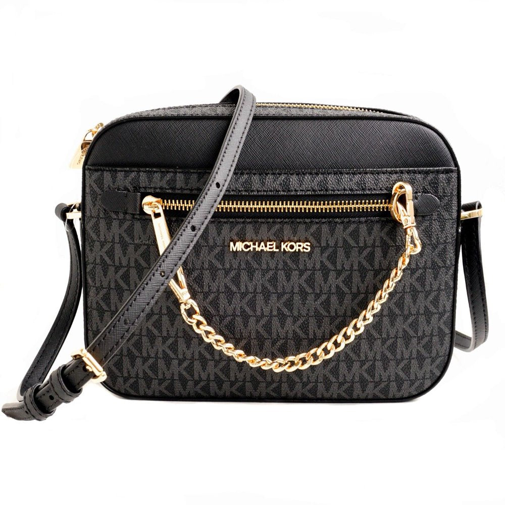 Michael Kors Womens Jet Set Large Leather Crossbody Bag Black/Gold 35S1GTTC9B-001