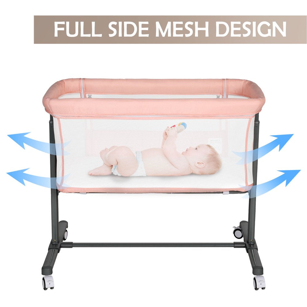 Kinder King Baby Bassinet with Wheels Folding Portable Newborn Bedside Sleeper All-Sided Mesh Infant Crib, Pink