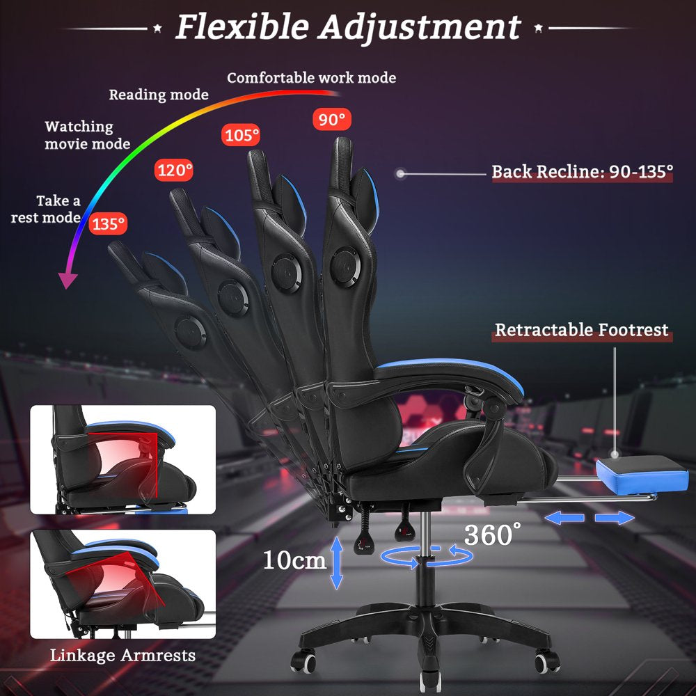 Hoffree Gaming Chair with Bluetooth Speakers Office Chair with Footrest and LED Lights Ergonomic Gaming Chairs High Back with Lumbar Support and Headrest Adjustable Swivel for Home Office 300Lb