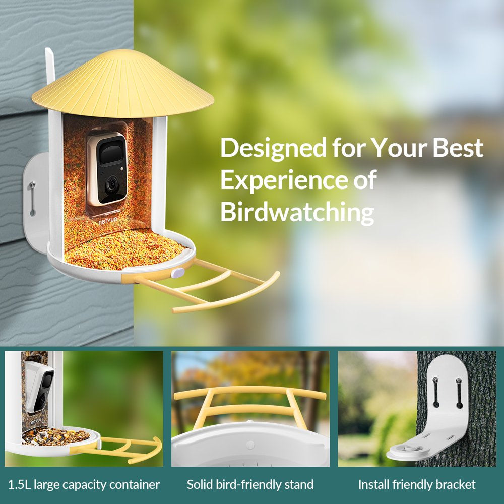 Bird Feeder with Camera, Outdoor Smart Cameras with Solar Netvue Birdfy Lite for Bird Watching, Yellow