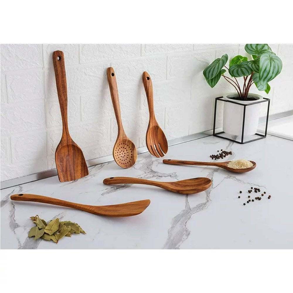 Zulay Kitchen Wooden Spoon for Cooking, Wooden Utensils for Cooking, Teak Wood Utensil Set Non Stick - 6 Piece Set