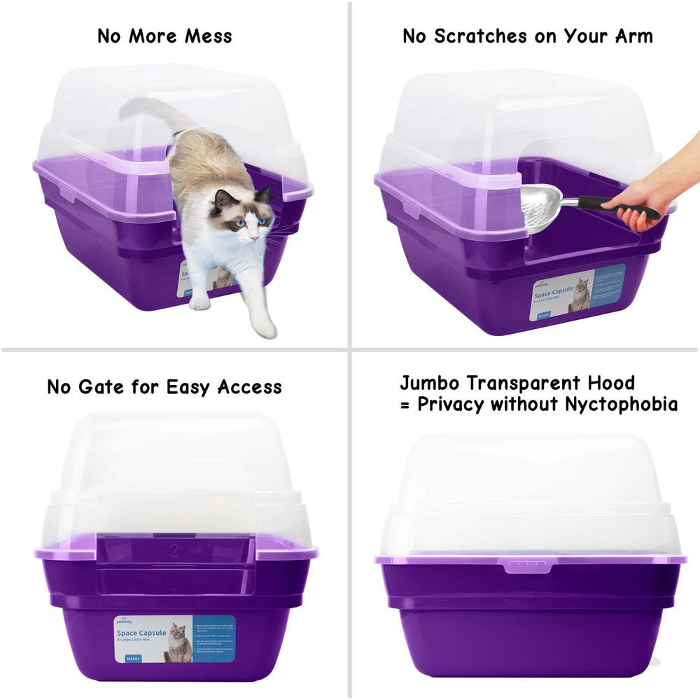 Petfamily Extra Large Cat Litter Box, Color Purple, Jumbo Hooded, 21.60 X 17.80 X 17.30 In